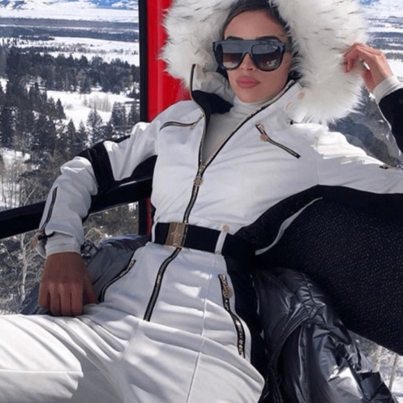 winter SNOWSUIT white album black stripe womens skisuit belted insulated pockets - Picture 1 of 16